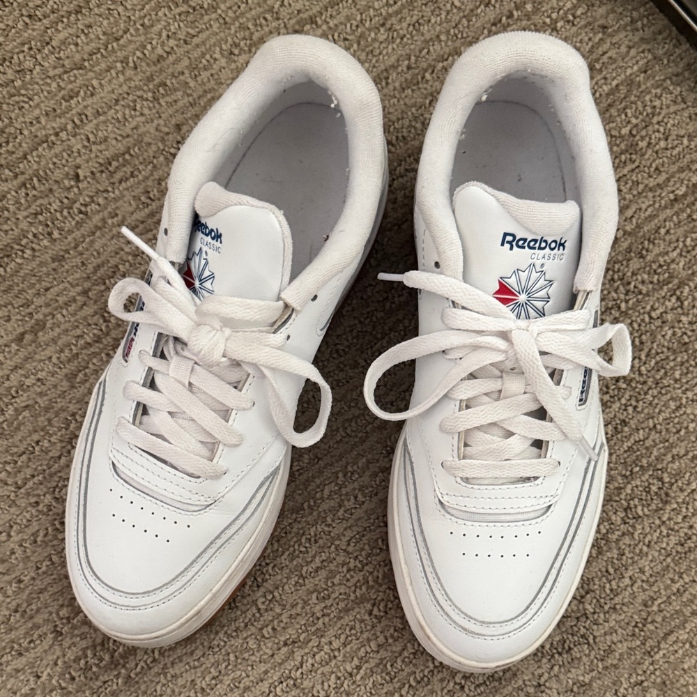 Platform Reebok White Leather Low-Top Sneakers with Silver Accents